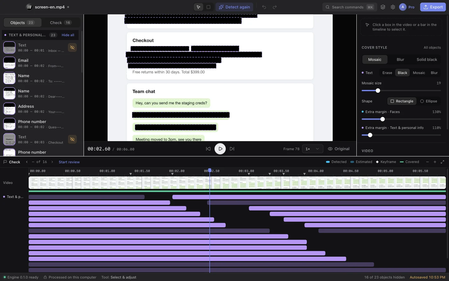 Beat2Cut Redact verdeckt Namen, E-Mail-Adressen und Telefonnummern in einer Bildschirmaufnahme, alle abgedeckten Elemente auf der Timeline aufgelistet