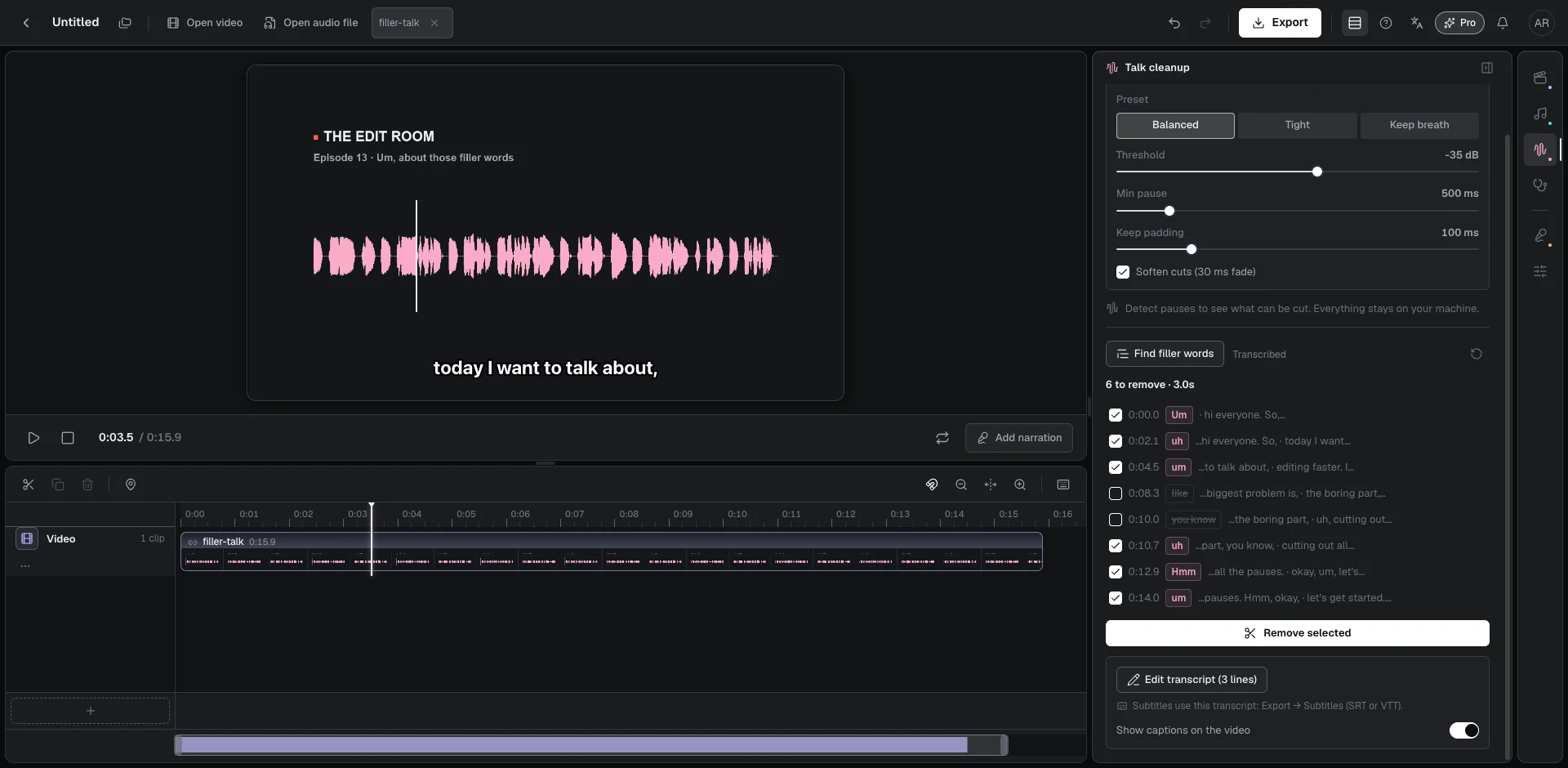 Generate SRT subtitles, review transcript, and burn captions