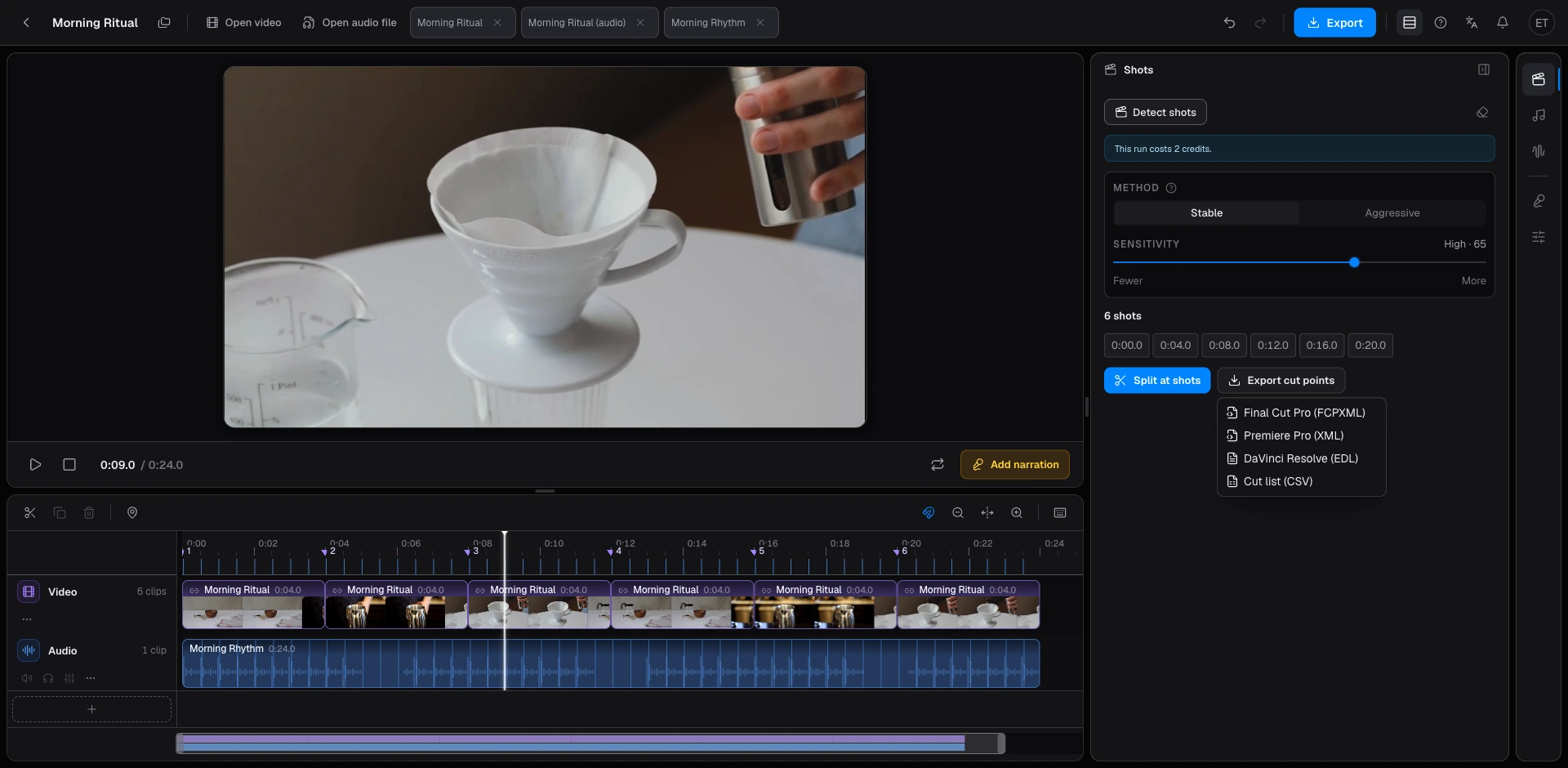 Export standard NLE interchange formats: FCPXML, Premiere XML, EDL & CSV