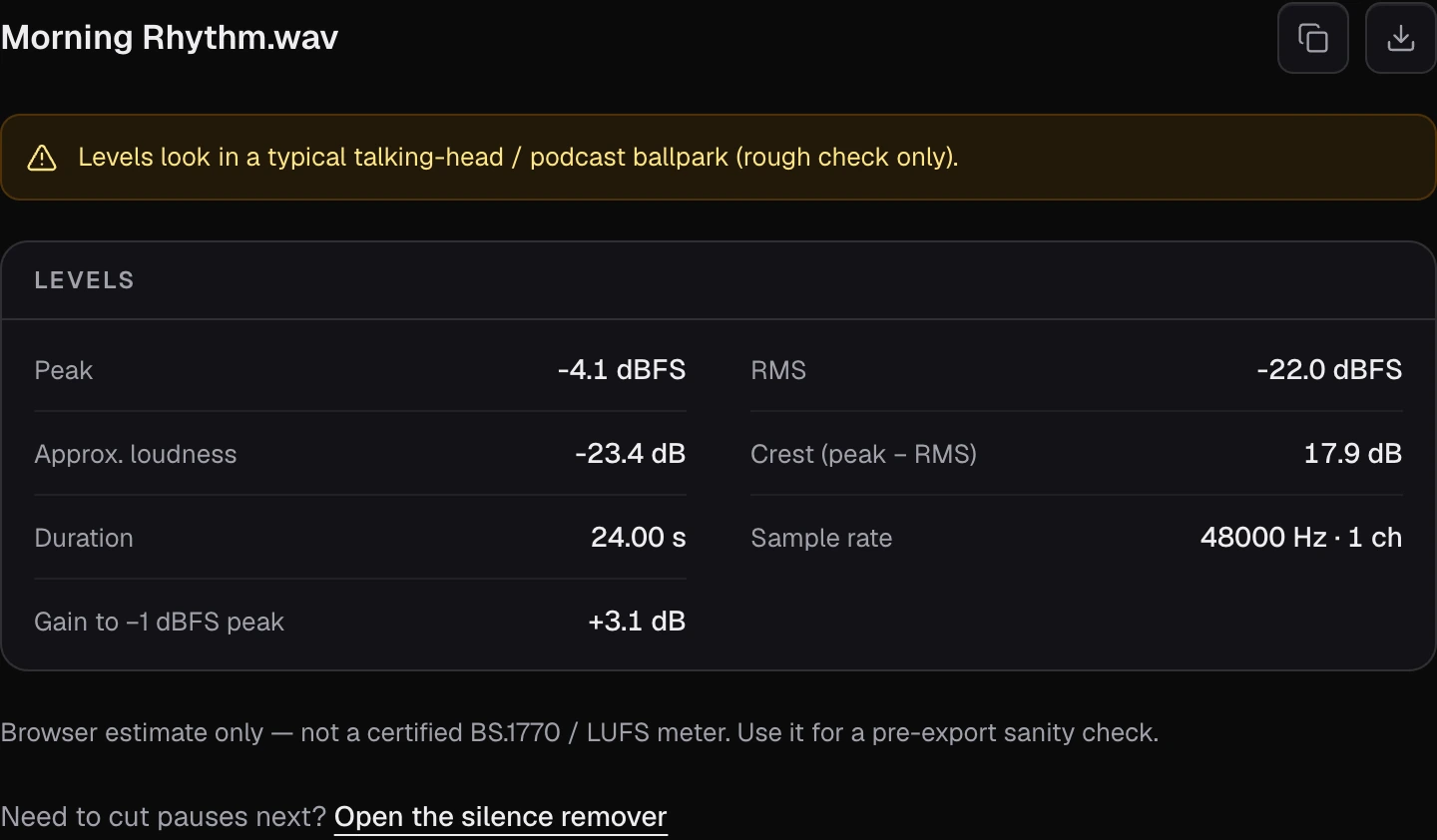 Audio loudness estimate, True Peak & RMS level check